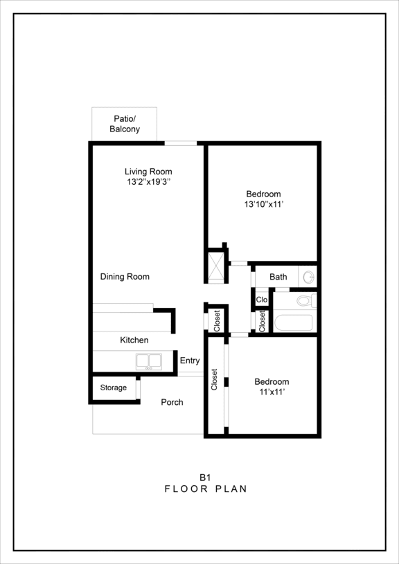 A floor plan of a house with a living room, dining room, kitchen, porch, and three bedrooms.