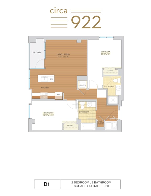A floor plan for a Circa 922 apartment shows two bedrooms and two bathrooms.