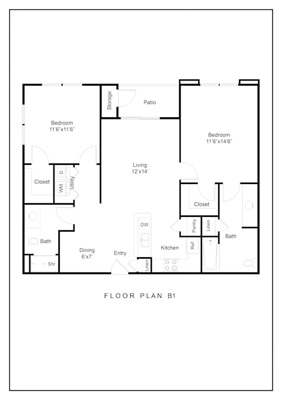 A black and white floor plan of a house with two bedrooms, a living room, a dining room, a kitchen, a bathroom, a storage area, and a closet.