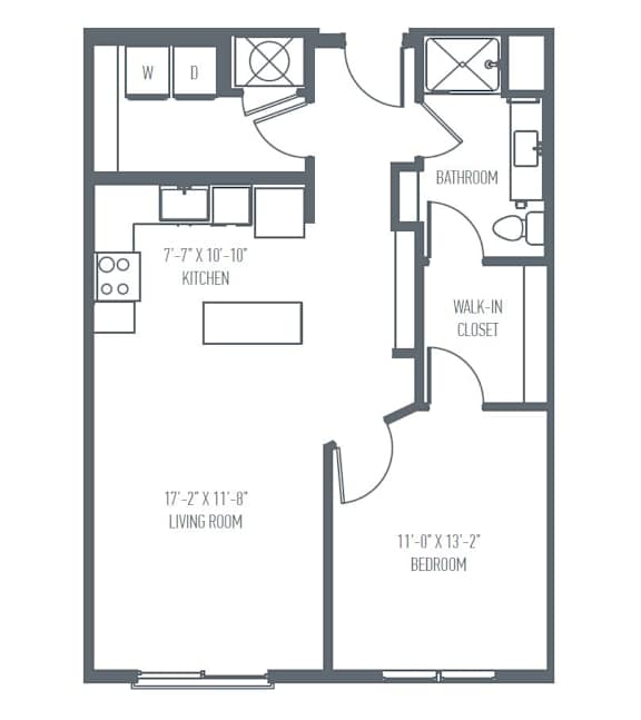 A floor plan of a house with a living room, kitchen, and two bedrooms.