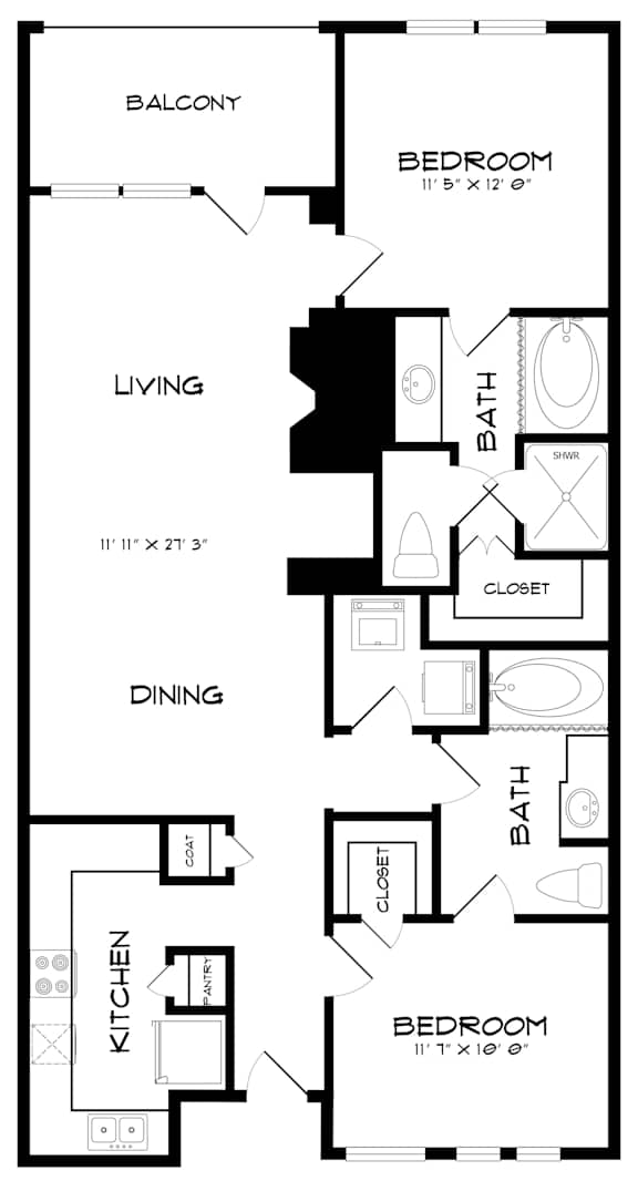 A black and white image of a floor plan for a two bedroom apartment.