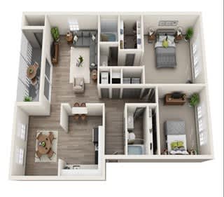 A floor plan of a house with a living room, kitchen, and two bedrooms.