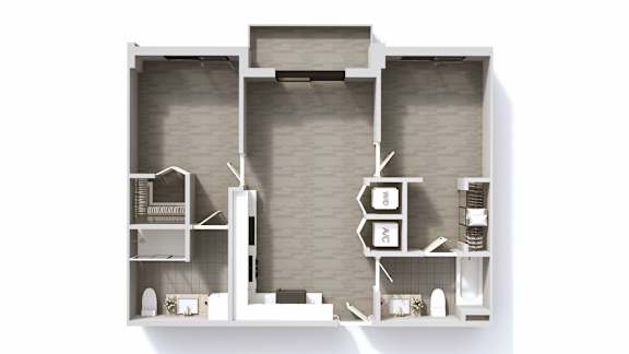 A diagram of a house layout with a kitchen, living room, and bathroom.