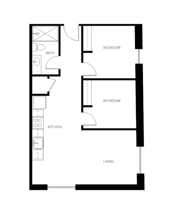 A floor plan of a home with a living room, two bedrooms, and a kitchen.