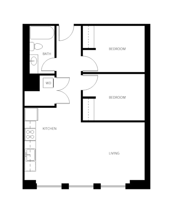 A black and white image of a floor plan for a house with a living room, kitchen, two bedrooms, and a bathroom.
