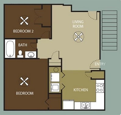 A floor plan of a home showing a living room, kitchen, two bedrooms, and a bathroom.
