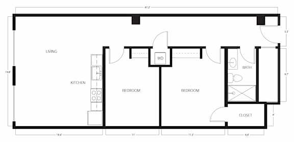 A black and white floor plan of a house with a living room, kitchen, two bedrooms, a bathroom, and a closet.