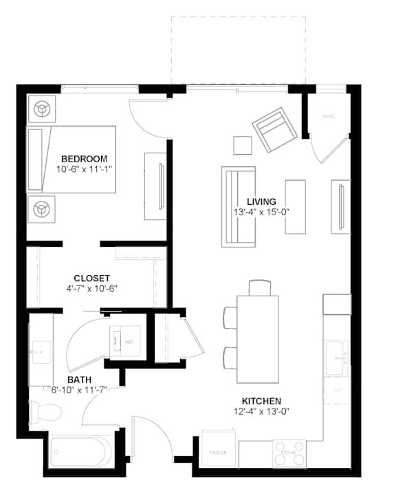 A floor plan of a house with a bedroom, living room, kitchen, bathroom, and closet.