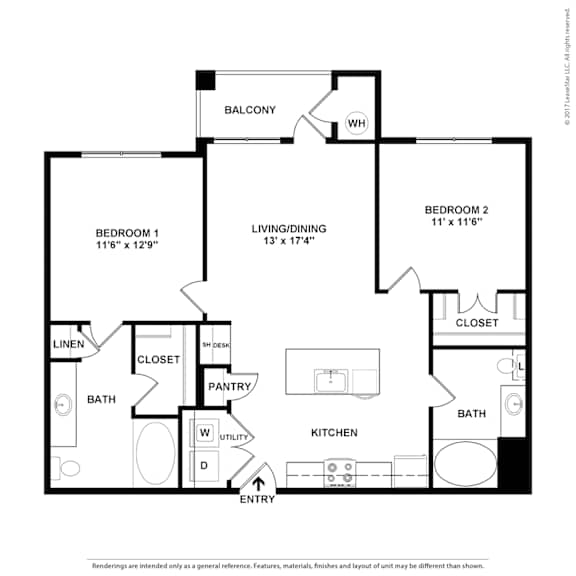A black and white image of a floor plan for a home with two bedrooms, a living/dining area, a kitchen, a pantry, two bathrooms, a closet, a linen closet, and a balcony
