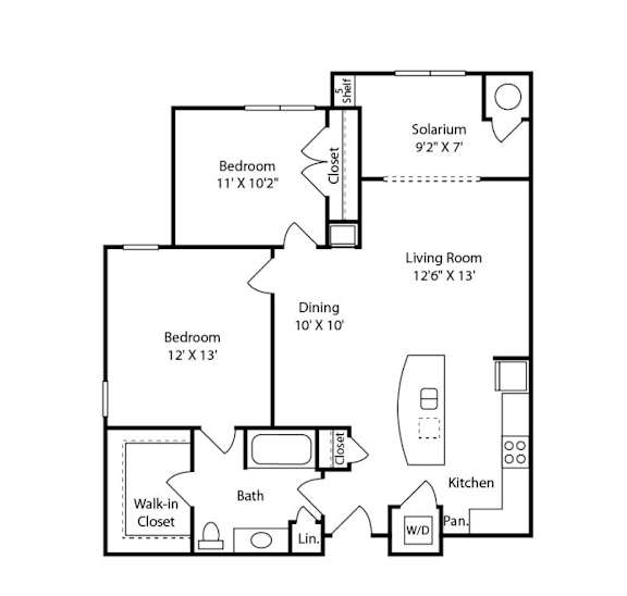 A floor plan of a small apartment with a living room, two bedrooms, a kitchen, and a bathroom.