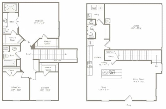A floor plan of a house with two bedrooms, an office, a bathroom, a kitchen, a pantry, a dining room, and a garage.