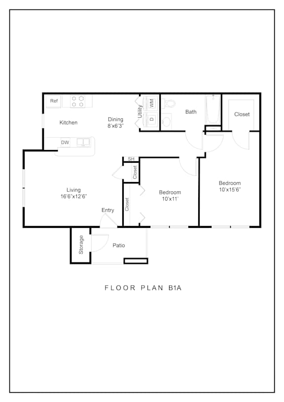 A black and white image of a floor plan for a living space.