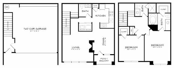A floor plan of a house with two bedrooms, a living room, a kitchen, a bath, a two car garage, and a patio/balcony.