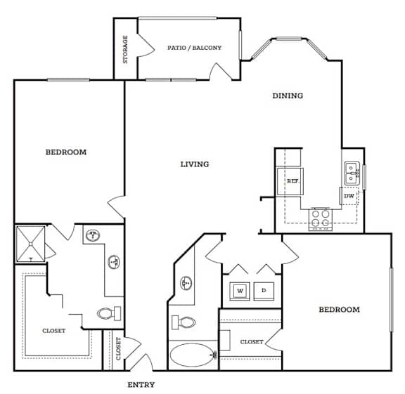 A black and white image of a house floor plan with a dining area, living room, and two bedrooms.