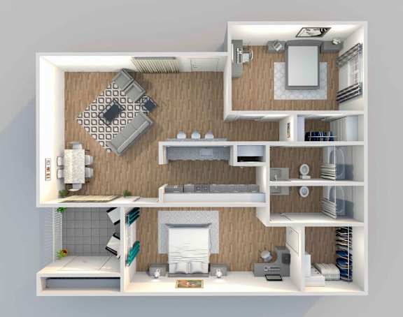 a 3d rendering of a bedroom house with a bathroom and a living room