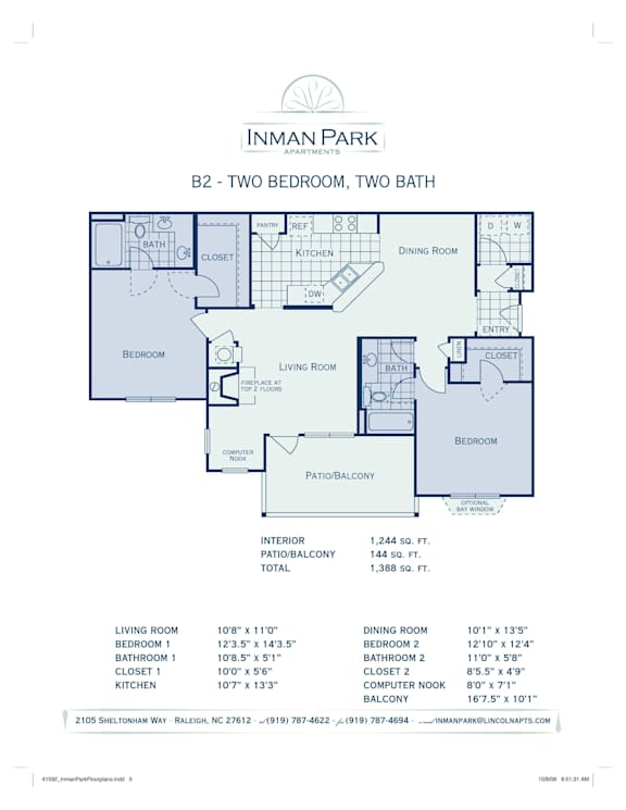 A floor plan for a two bedroom, two bath apartment at Innman Park Apartments.