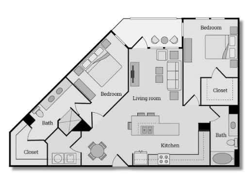 1,157 sq ft Two Bedroom Two Bathroom Floorplan with Dual Vanity and Walk-In Closet  in Primary Bathroom, Kitchen with Large Island, and Private Balcony
