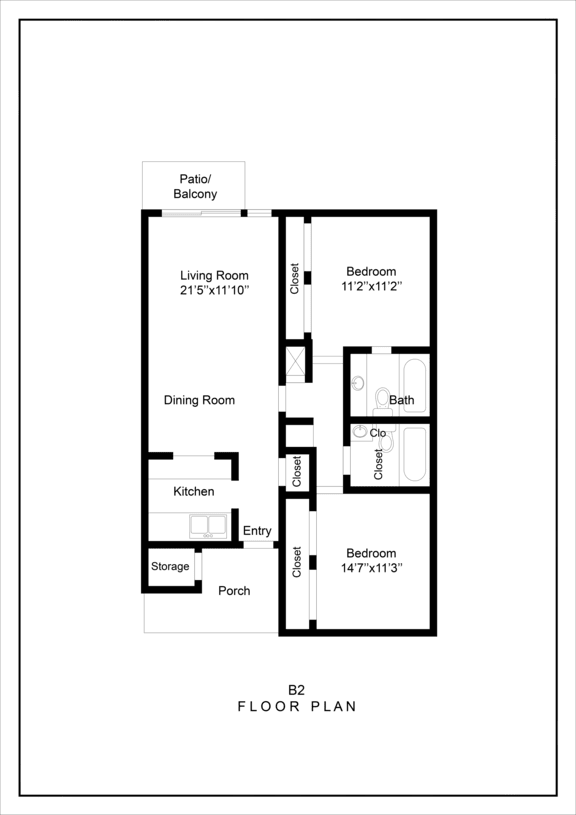 A floor plan of a house with a living room, dining room, kitchen, two bedrooms, a bath, and a porch.