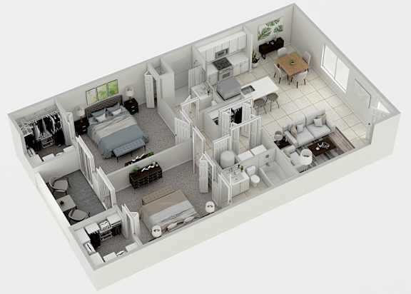 A 3D rendered image of a house layout.