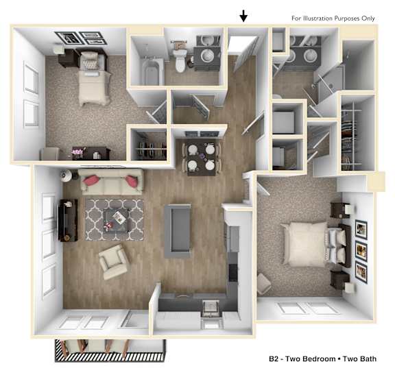 A floor plan of apartment B2 with two bedrooms and two bathrooms.
