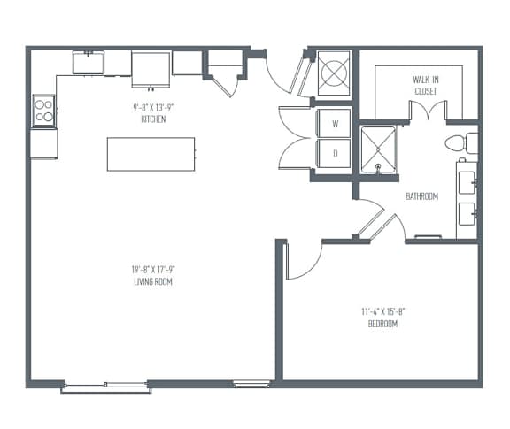 A black and white image of a floor plan for a home with a kitchen, living room, and two bedrooms.