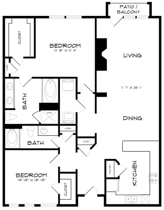 A black and white image of a floor plan for a house with a living room, dining room, kitchen, and two bedrooms.