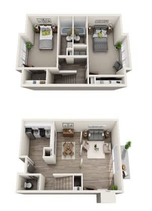A floor plan of a two-story apartment with a living room, kitchen, and bedrooms.