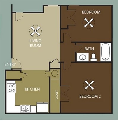 A floor plan of a house with a living room, kitchen, two bedrooms, and a bathroom.