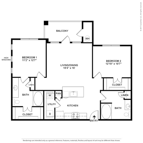 A black and white image of a floor plan for a home with two bedrooms, a living/dining area, a kitchen, two bathrooms, and two closets.