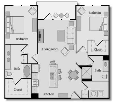 1,225 sq ft Two Bedroom Two Bathroom Floorplan with Kitchen Island, Private Balcony, Walk-In Closets, Dual Vanity, and Laundry Room.
