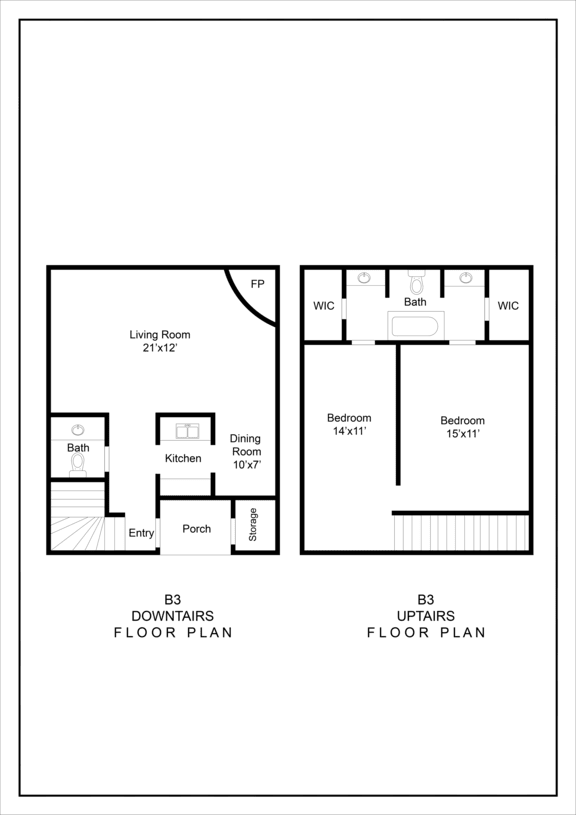 A floor plan of a B3 property showing the downstairs and upstairs floor plans.