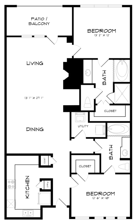 A black and white floor plan of a two-bedroom apartment.