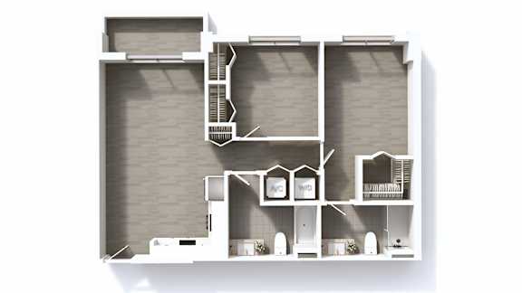 A diagram of a house layout with a kitchen, living room, and bathrooms.