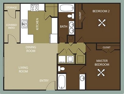 A floor plan of a house with a living room, dining room, kitchen, two bedrooms, and a storage area.