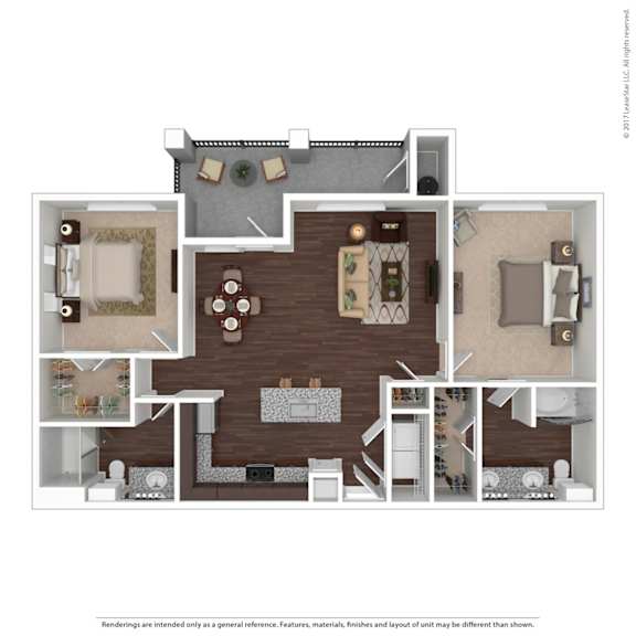 A floor plan of a house with a living room, dining room, kitchen, and two bedrooms.