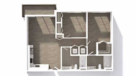 A drawing of a house with a living room, kitchen, and bathrooms.