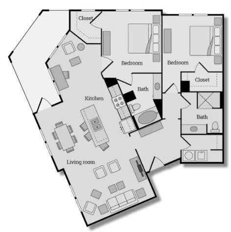 Two Bedroom Two Bathroom Floorplan with Large Balcony, Laundry Room, Open Concept Layout, Kitchen Island, Home Office Area, and Dining Area