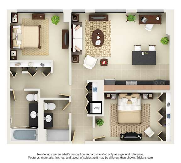 A 3D floor plan of a house with a living room, kitchen, and two bedrooms.