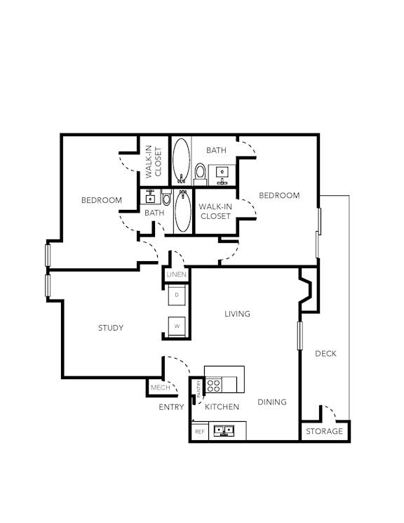 A floor plan of a house with two bedrooms, a study, a living room, a kitchen, a dining room, and storage.