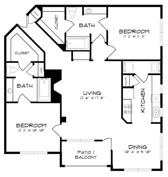 A black and white image of a floor plan for a home with a living room, kitchen, dining room, and two bedrooms.