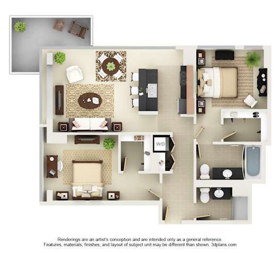 A 3D floor plan of a house with a living room, kitchen, dining room, and bathroom.