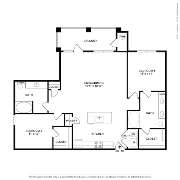 A floor plan of a home with two bedrooms, a living area, a kitchen, a bathroom, and a pantry.
