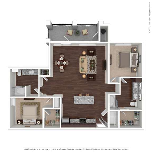 A floor plan of a house with a living room, dining room, kitchen, and two bedrooms.