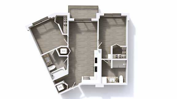 A 3D floor plan of a house with labeled rooms.