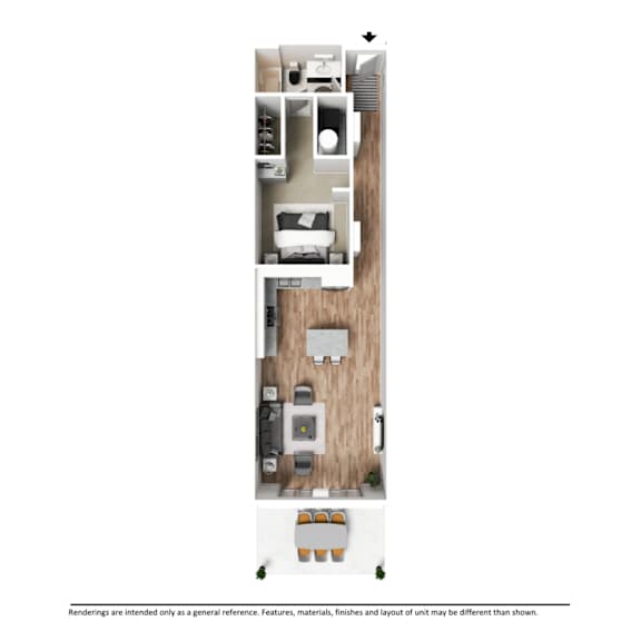 A floor plan of a small apartment with a kitchen, living room, and bedroom.
