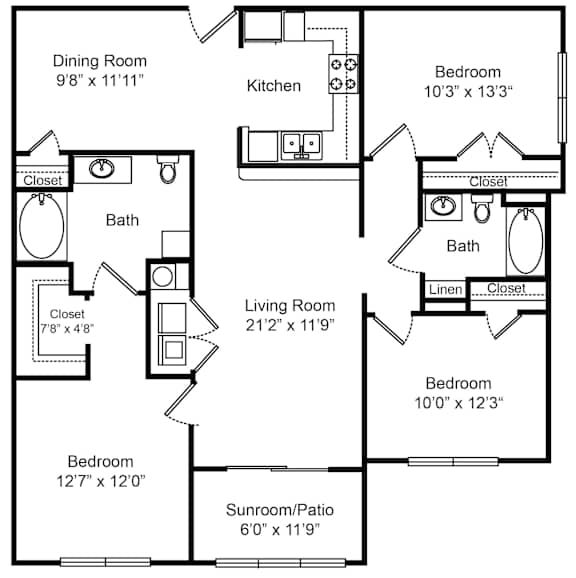 A floor plan of a house with a living room, two bedrooms, a dining room, a kitchen, a bath, and a sunroom/patio.