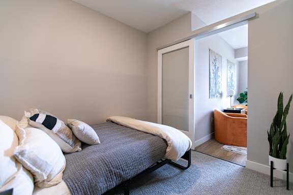 A bedroom with a bed, pillows, and a plant.