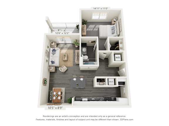a 1 bedroom floorplan is shown with a wood floor