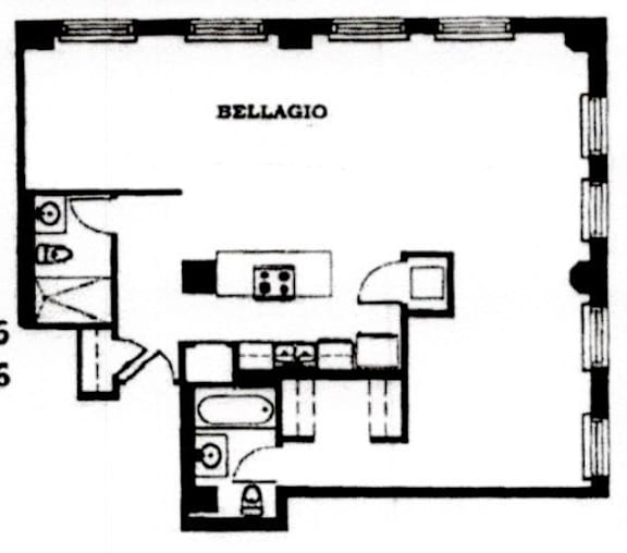 A black and white image of a floor plan for a building named Bellagio.