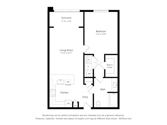 A floor plan of a small apartment with a living room, bedroom, kitchen, and bathroom.